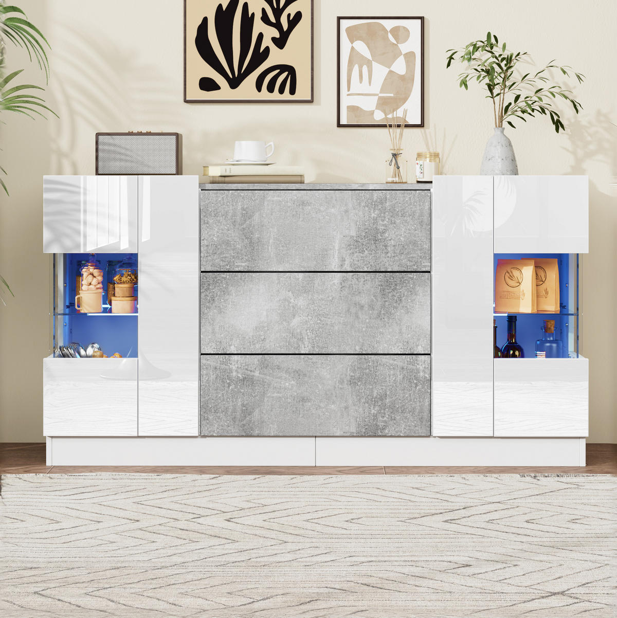 SIDEBOARD 140/35/75 cm weiß Marmorlook aus MDF mit LED - Weiß, Holzwerkstoff (140/75/35cm) - OKWISH