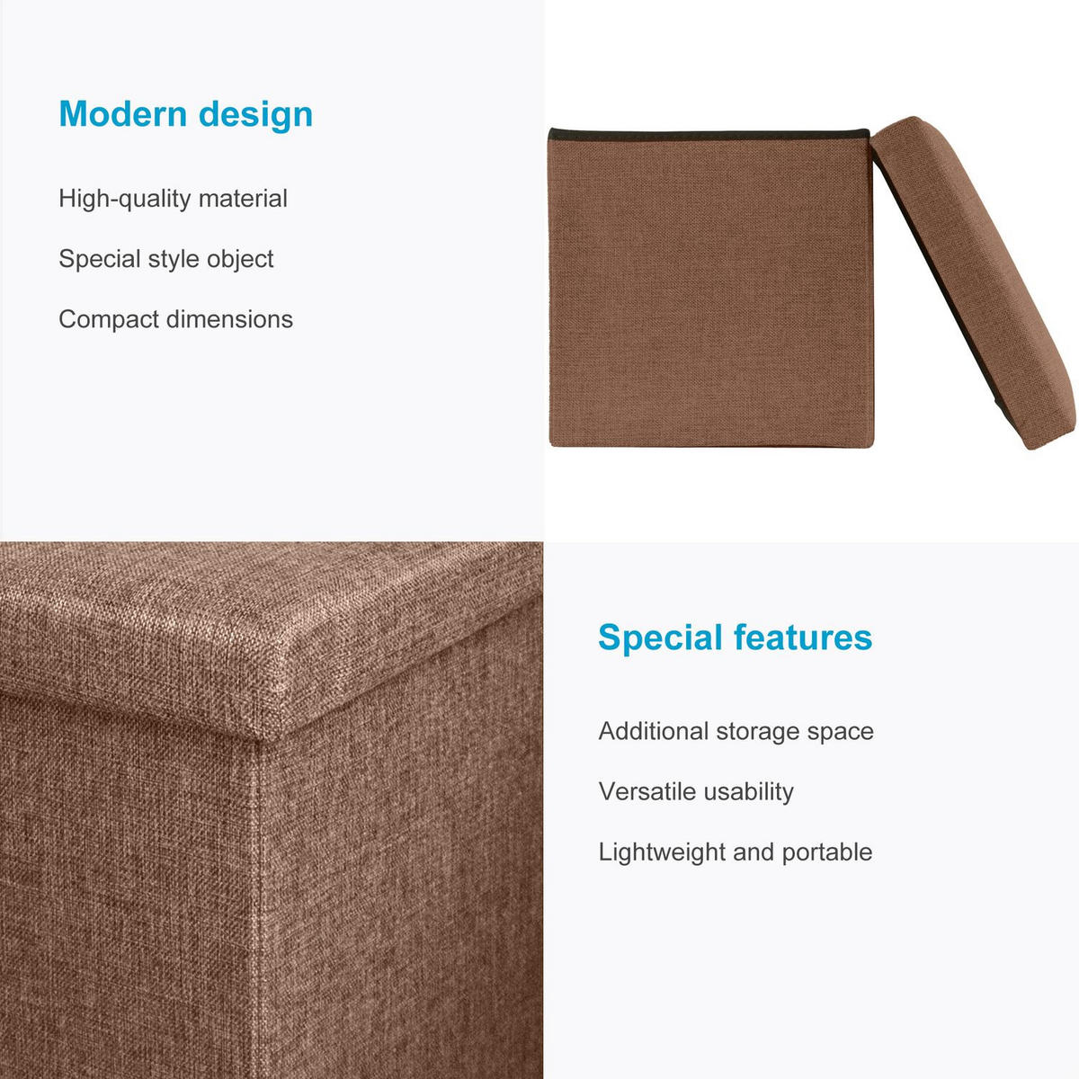 SITZHOCKER mit Stauraum 30/30/30 cm (Braun) - Braun, Textil (38/38/38cm) - Intirilife