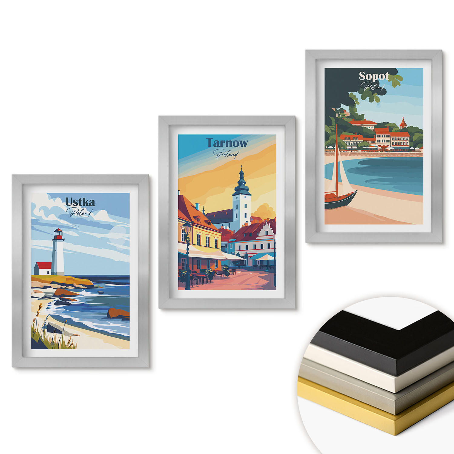 WANDBILDER 3er Set - 20x30 cm Silberner Rahmen - Stadtansichten Ustka Tarnów Sopot - Silberfarben, Kunststoff (20/30cm) - ArtPrintCave