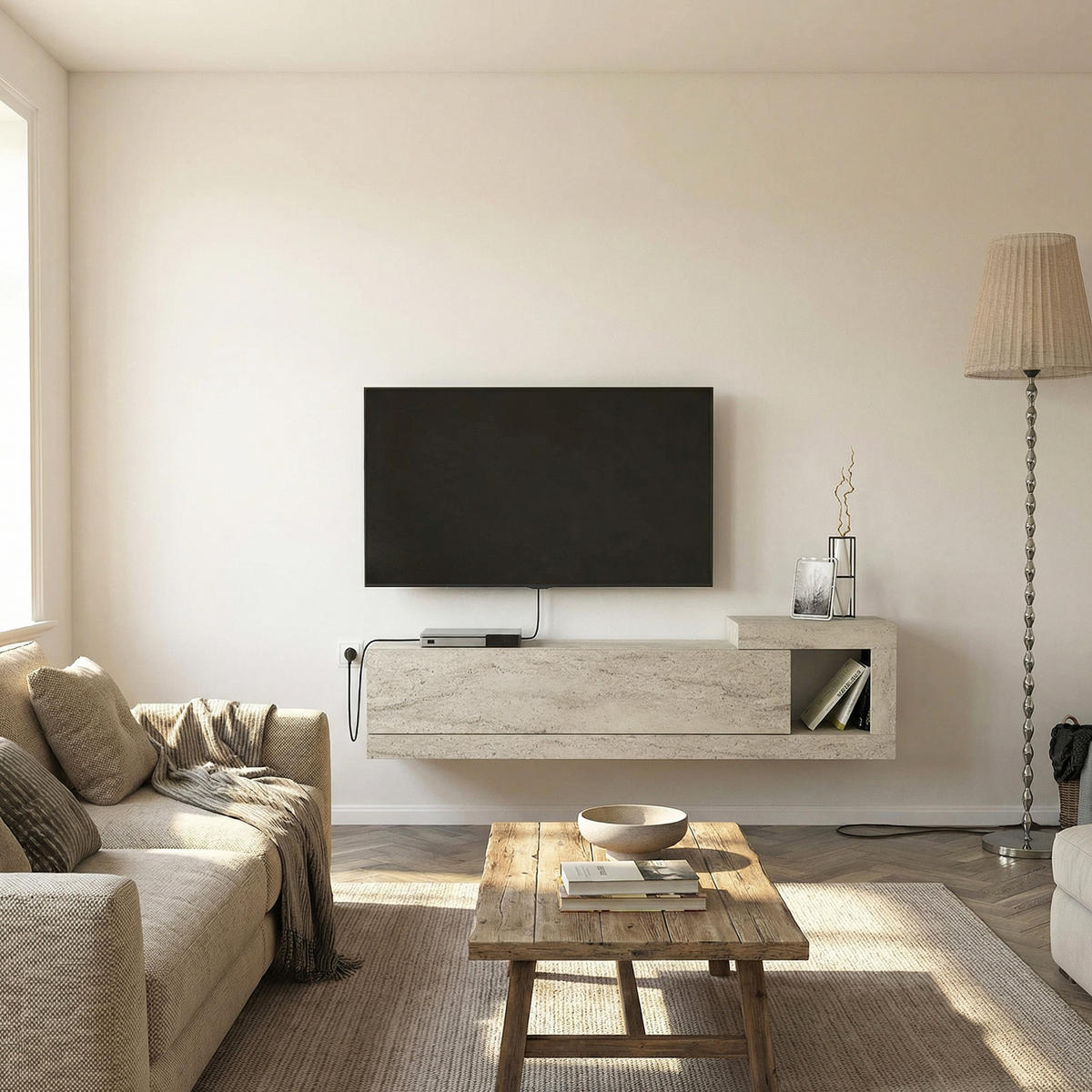 MOEBEL17 TV Lowboard 150 cm – Modernes Lowboard TV Schrank – TV Board Wohnzimmer – Fernsehtisch – TV Möbel Sideboard Modern – Modell Bliss - Beige, Holzwerkstoff (150/37/30cm) - moebel17