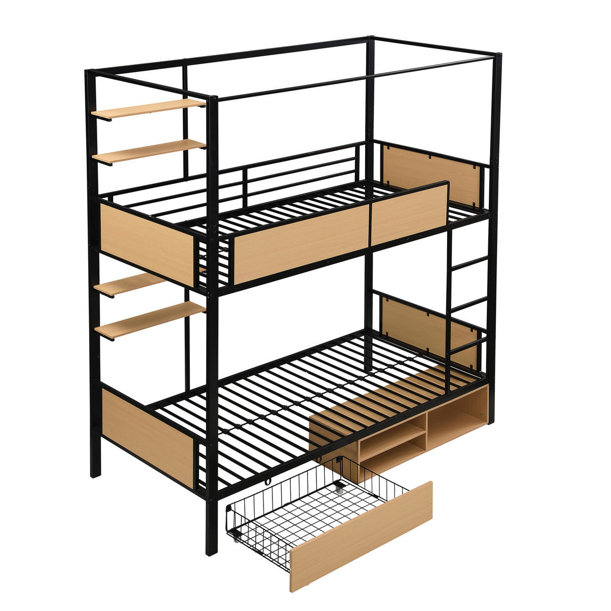 ETAGENBETT 90/200 cm Schwarz Natur mit Ablageboard und Schubladen ohne Matratze - Schwarz, Metall (90/200cm) - MIVRAY