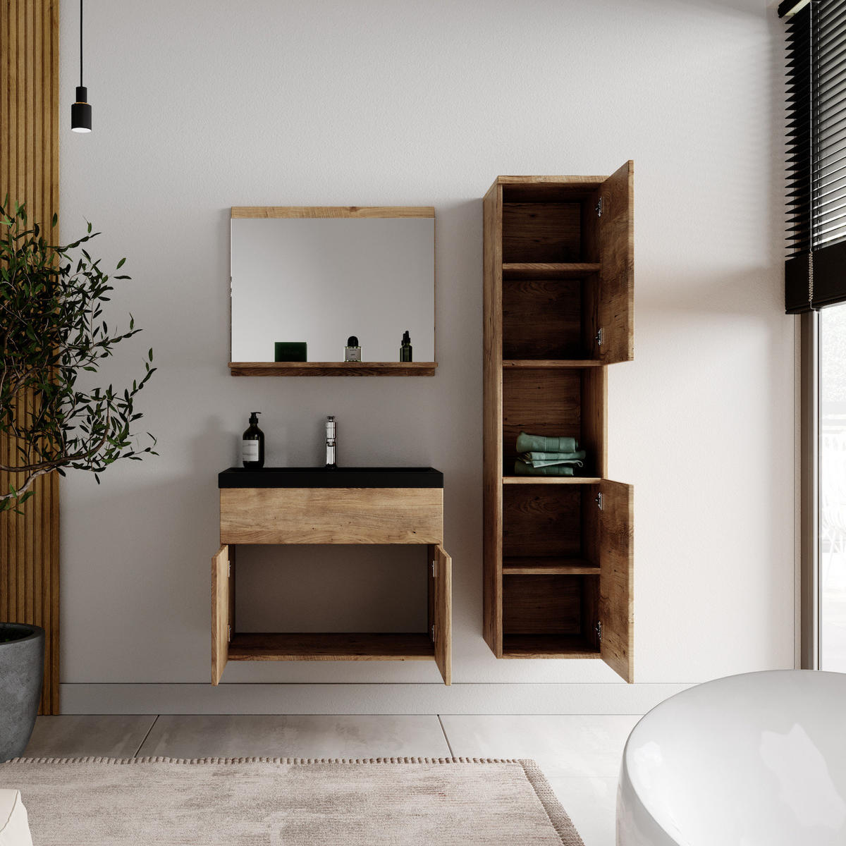 BADMÖBEL-SET Montreal 4 Teile Kastanien Eiche - Schwarze Waschbecken - 60 x 35 x 51 cm - Eichefarben/Schwarz, Holz (60/51/35cm) - Badplaats