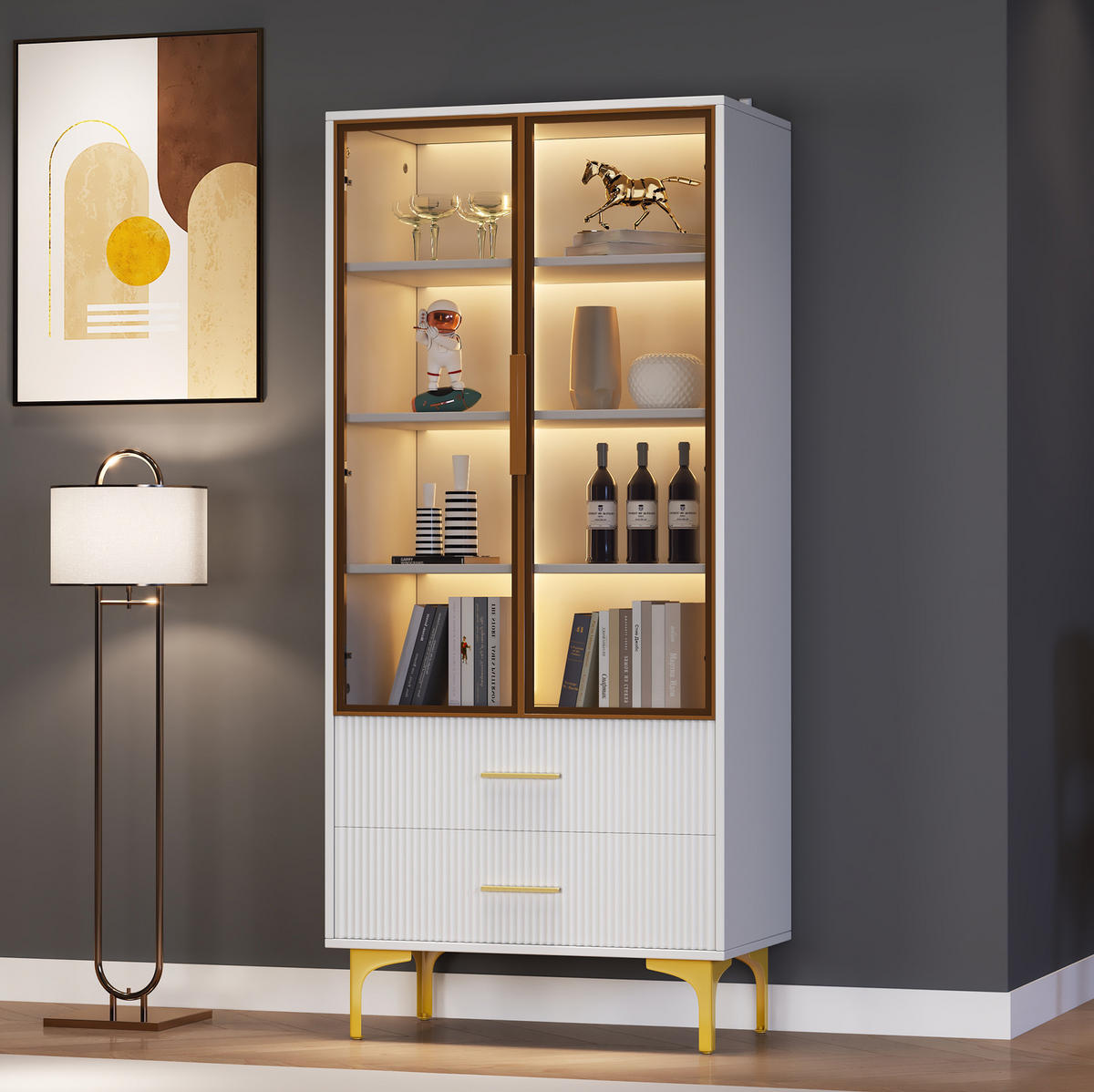HIGHBOARD 70/35/150 cm in Weiß mit LED-Beleuchtung und 2 Schubladen - Weiß, Holzwerkstoff (70/150/35cm) - Flora Grace