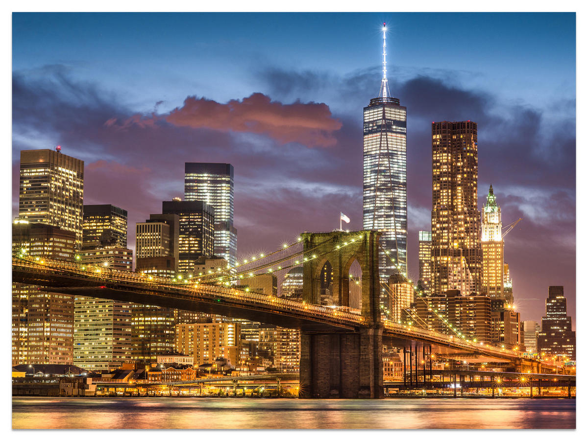 FOTOTAPETE für Wohnzimmer New York Nacht Brooklyn Bridge Wolkenkratzer 300x210 - Blau/Gelb, Papier (300/210cm) - Muralo