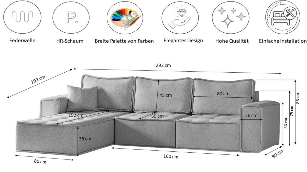 ECKSOFA L-förmige Bohoo-Maxi Grau Links - Grau, Holz (192/292cm) - Kaiser Möbel