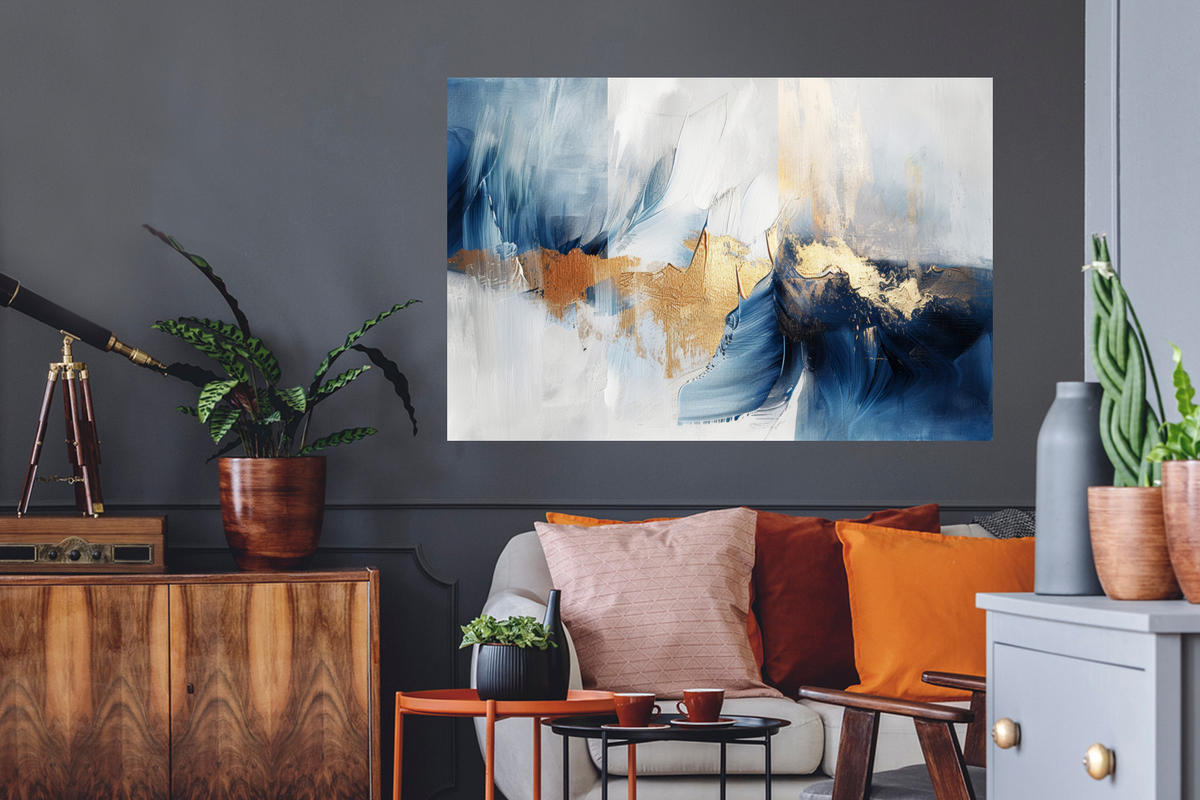 WANDTATTOO Gold - Blau - Aquarell - Kunst - Modern 120x80 cm - Hellblau, Kunststoff (120/80/0.1cm) - MuchoWow