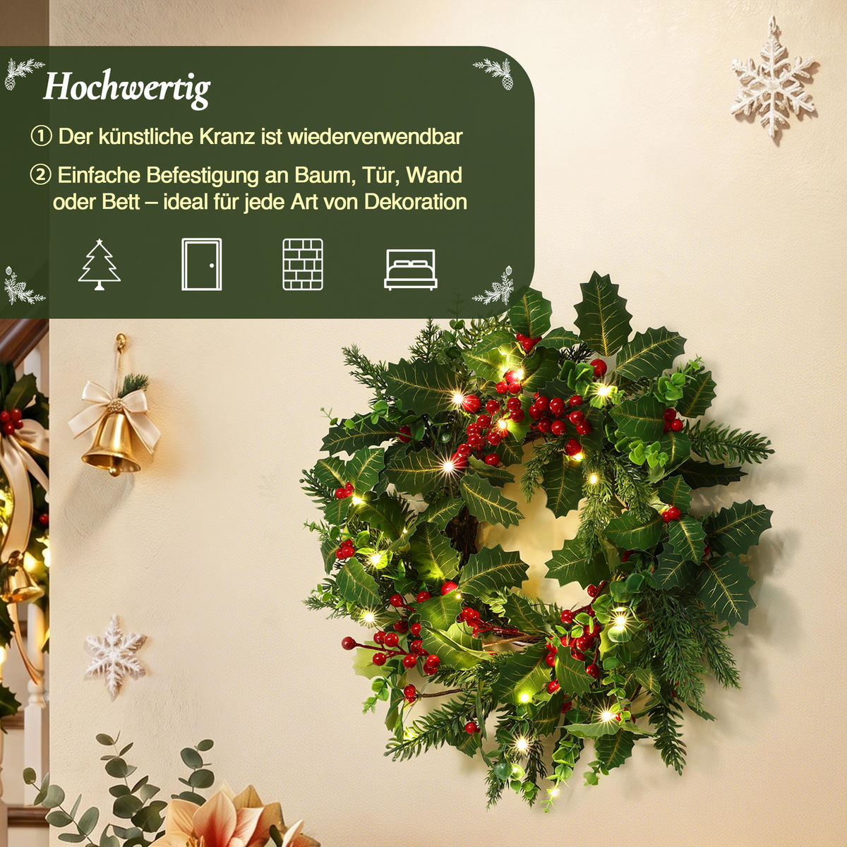 RUNDER LED-Weihnachtskranz Ø 40 cm mit roten Beeren, 30 LEDs, Timer - Dunkelgrün, Naturmaterialien (40cm) - Hometopia