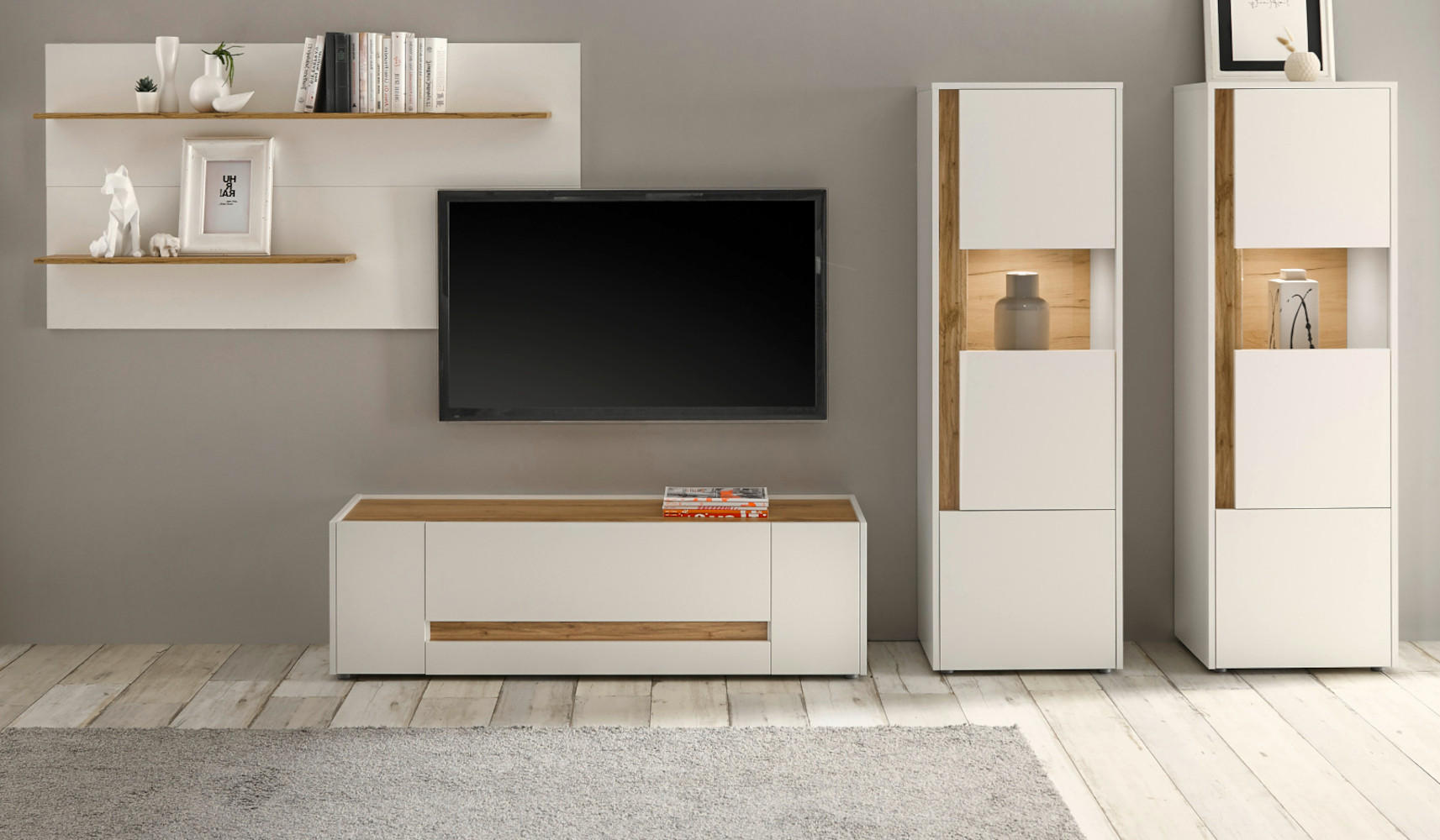 WOHNWAND 4-teilig weiß, Eiche Wotan 340 cm, Schrankwand mit 10 Fächern - Eiche Wotan/Schwarz, Glas/Holz (340/170/45cm) - Furn.Design