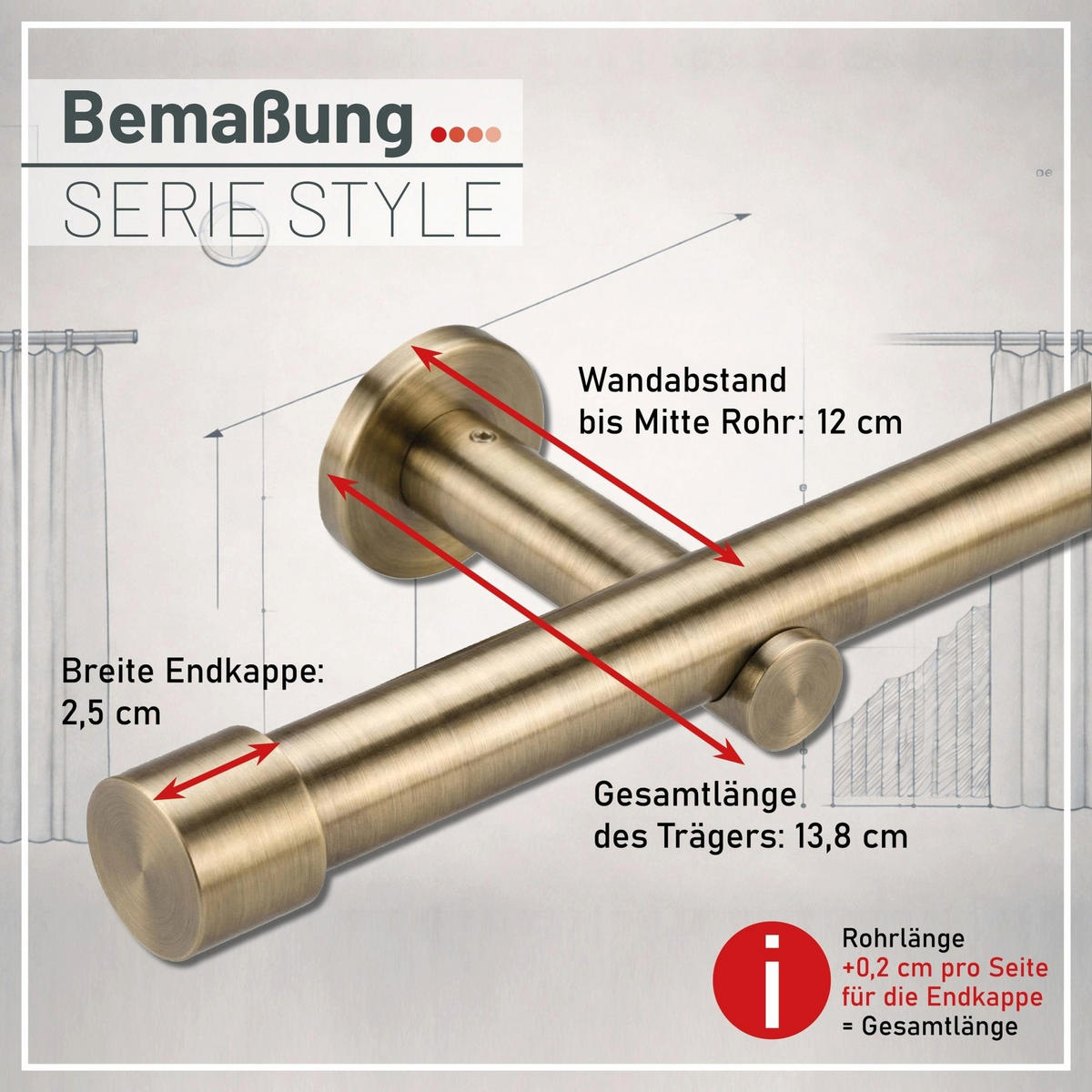 GARDINENSTANGE auf Maß 1-lauf Wandmontage Kappe 180cm - Messingfarben, Metall (180cm) - Deco-Raum