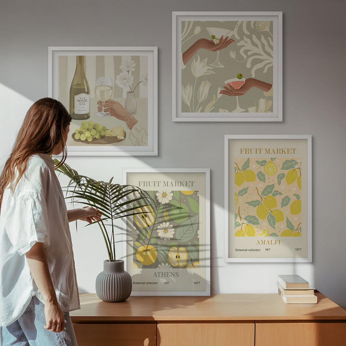 WANDBILDER 4er-Set - 50x50 cm & 40x60 cm Weißer Rahmen - Fruchtige Muster italienischer Wein - Weiß, Kunststoff (50/50cm) - ArtPrintCave