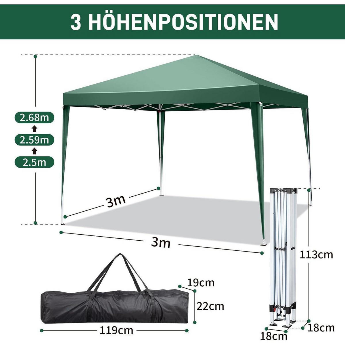 FALTPAVILLON 3x3m Grün Wasserdicht UV-Schutz 50+ - Grün, Textil (300/268/300cm)