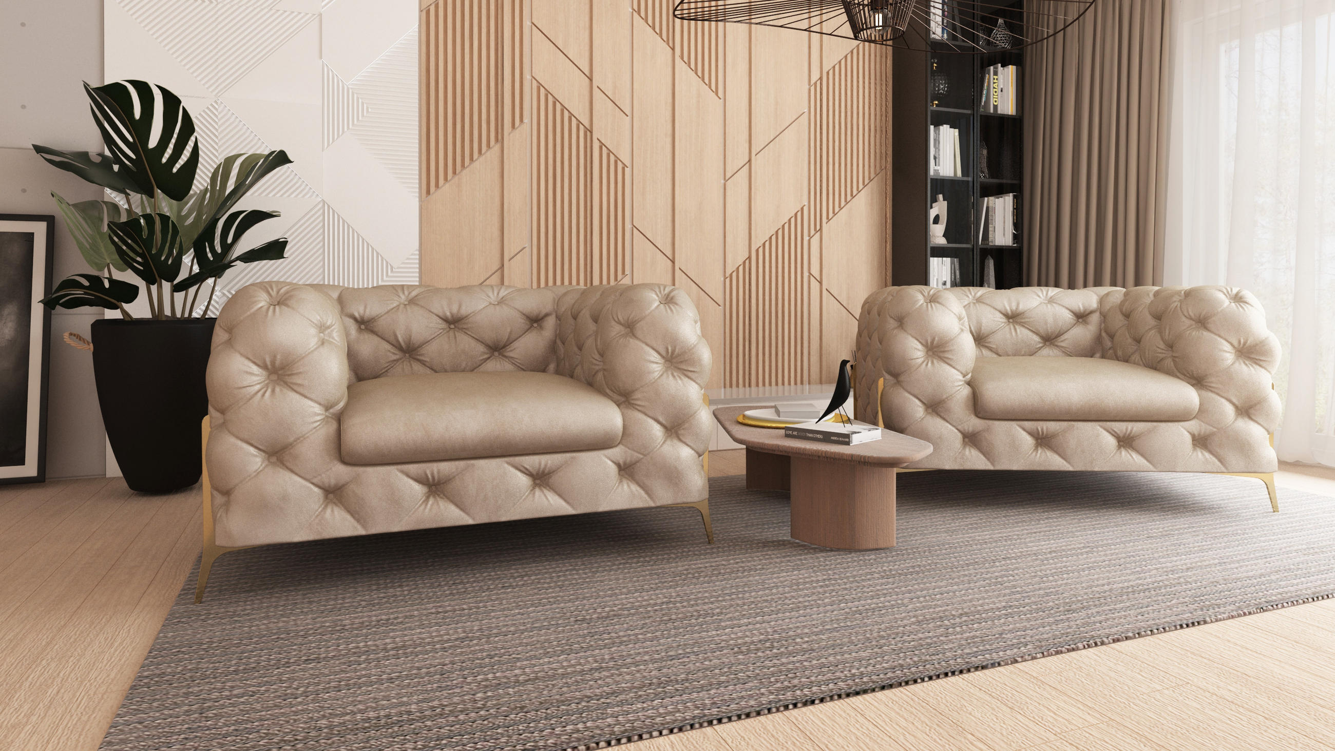 CHESTERFIELD-SESSEL Vertex Beige Samt - Beige/Goldfarben, Holz/Textil (125/75/100cm) - S-Style Möbel