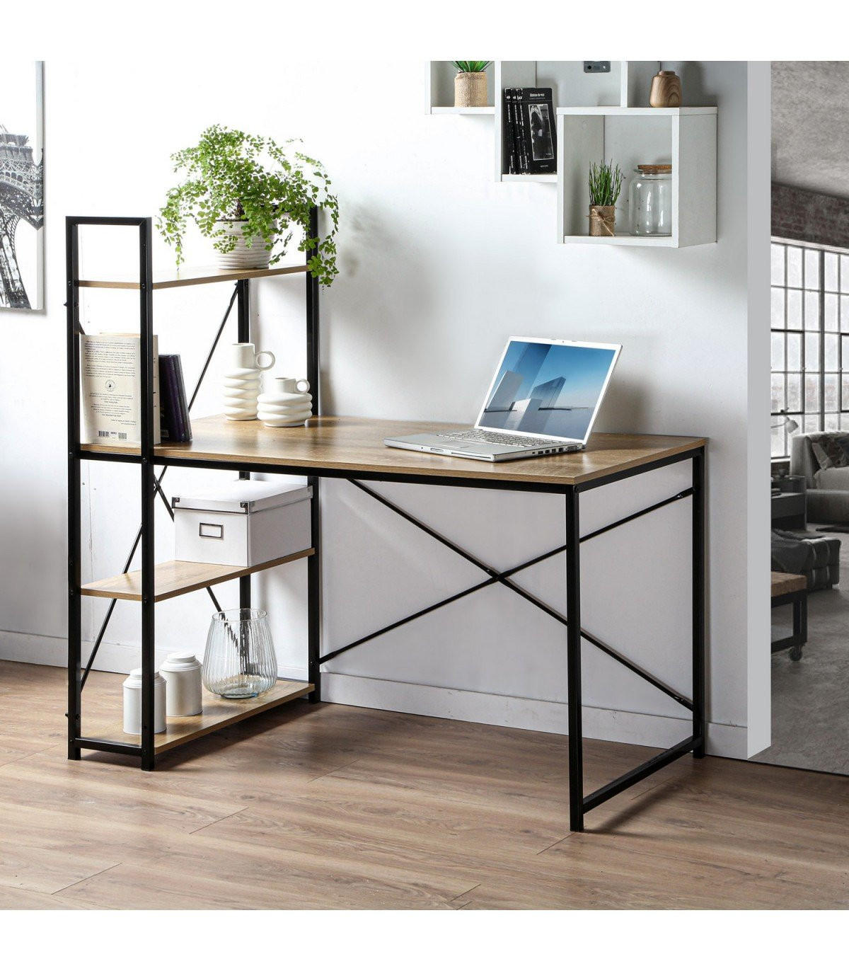 SCHREIBTISCH L120cm mit 4 Regalen im Industrial-Stil - Apfelbaumfarben, Holzwerkstoff (120/60/120cm) - Calicosy