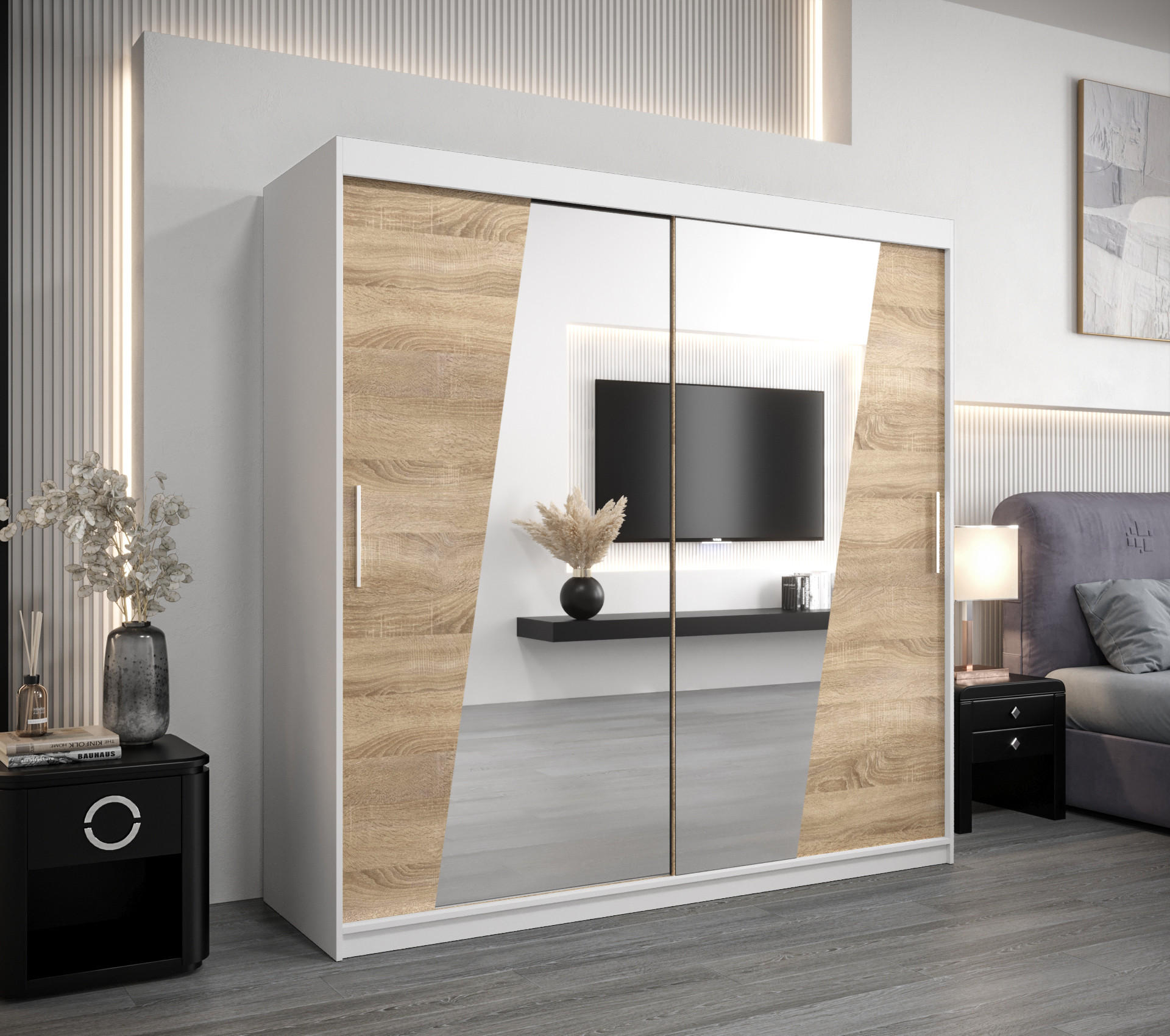 SCHWEBETÜRENSCHRANK 200/200/62 2-türig - Silberfarben/Weiß, Holz/Kunststoff (200/200/62cm) - Abiks Möbel