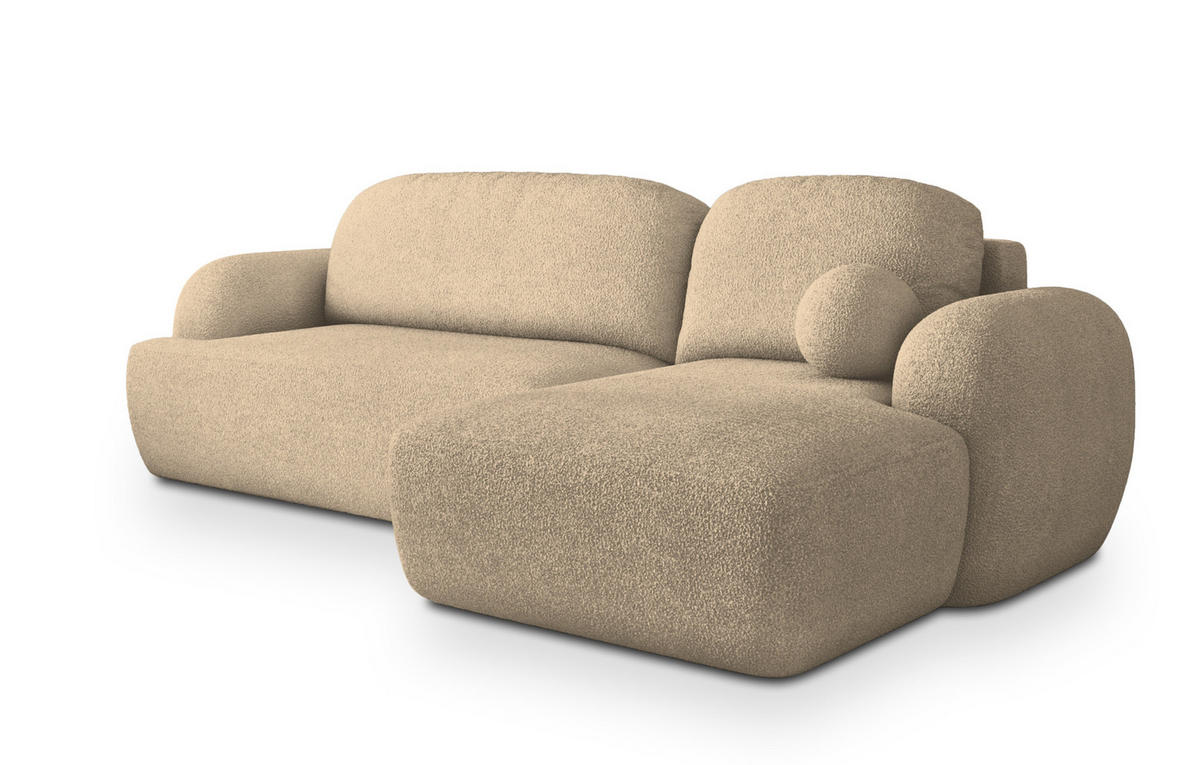 ECKSOFA MODENZA N R-S Creme Boucle-Stoff mit Schlaffunktion - Creme, Holz (266/148cm) - MASSENO