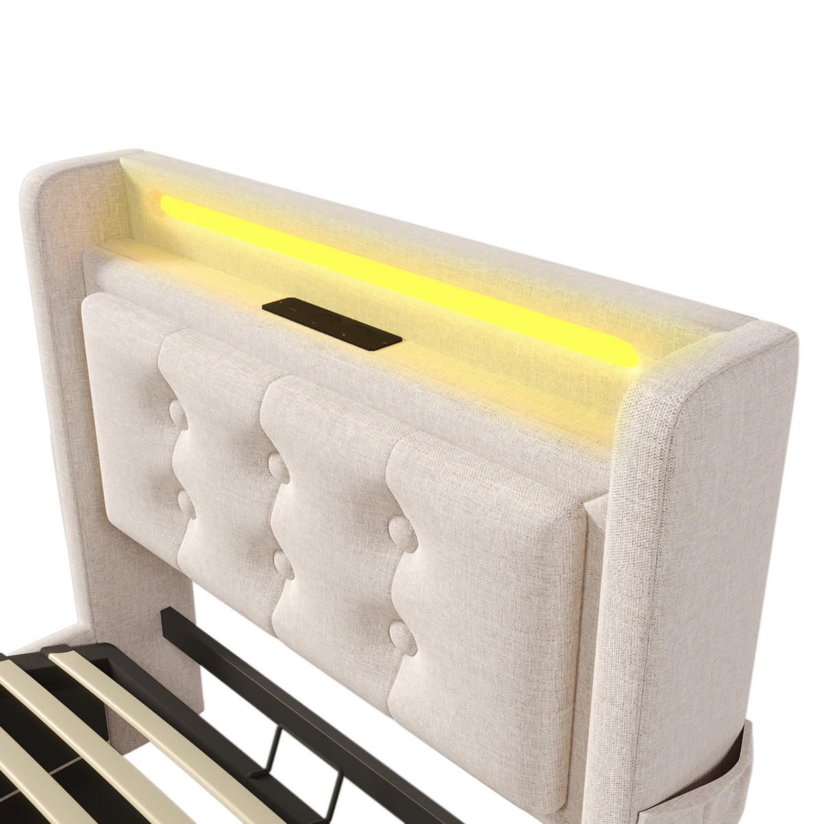 POLSTERBETT 90/200 cm Beige aus Baumwoll-Leinenstoff mit LED-Beleuchtung - Beige, Textil (90/200cm) - OKMYHOME
