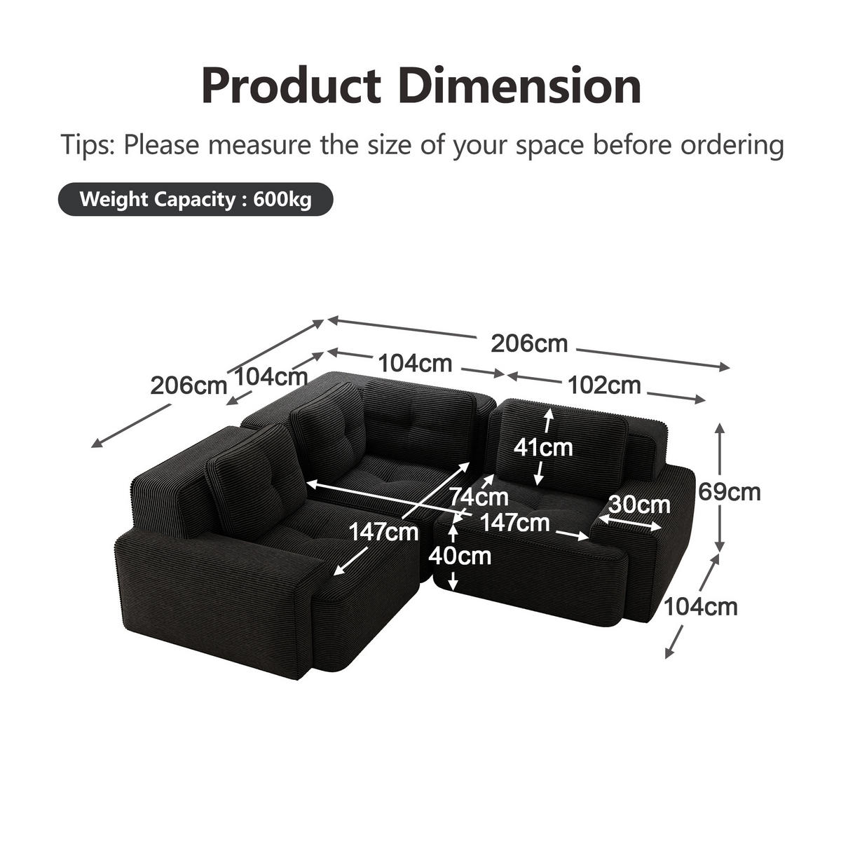 3-SITZER Sofa 177x104x69 cm aus Cordstoff rahmenlos modular, schwarz - Schwarz, Textil (104/69/177cm)