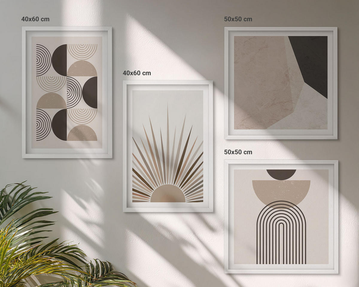 BILDER SET 4er Set - 50x50 cm & 40x60 cm Weißer Rahmen - Abstrakte beige und braune Formen - Weiß, Kunststoff (50/50cm) - TULUP