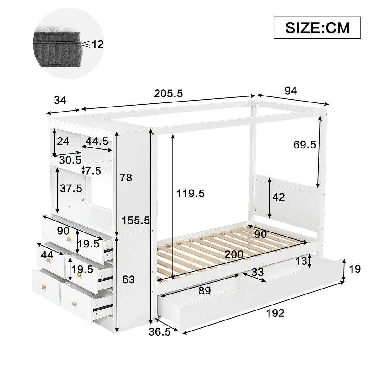KINDERBETT aus Kiefernholz und MDF 90x200 cm Weiß mit Fallschutz, Stauraum und Schreibtisch - Weiß, Holzwerkstoff (90/200cm) - IVMEU