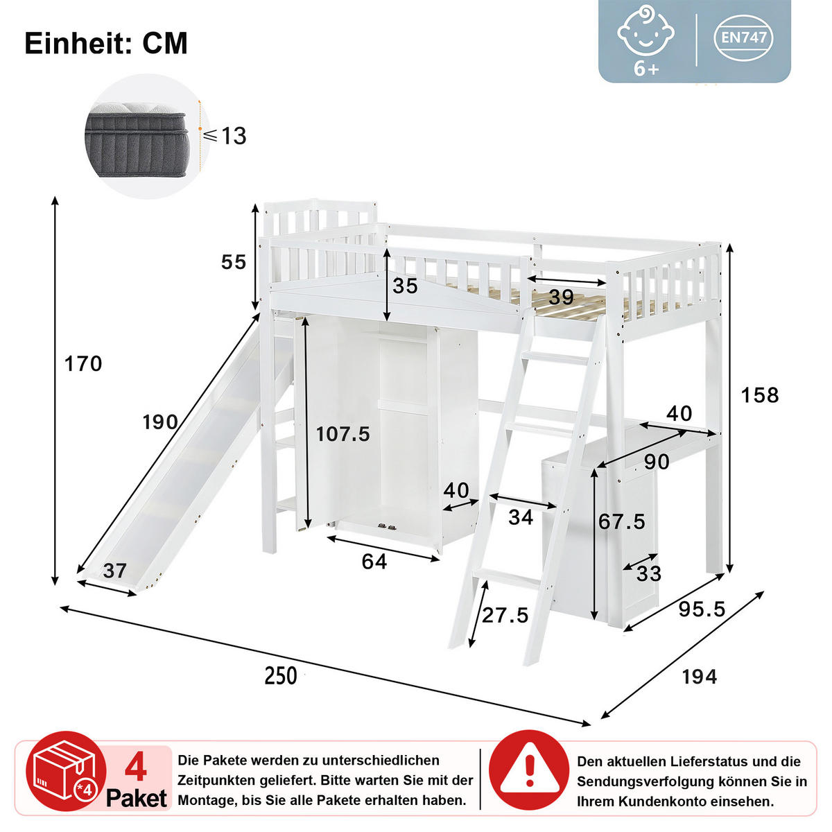 ETAGENBETT 90/200 cm in Weiß mit Rutsche, Tisch und Kleiderschrank - Weiß, Holz/Holzwerkstoff (90/200cm) - CHICFURN