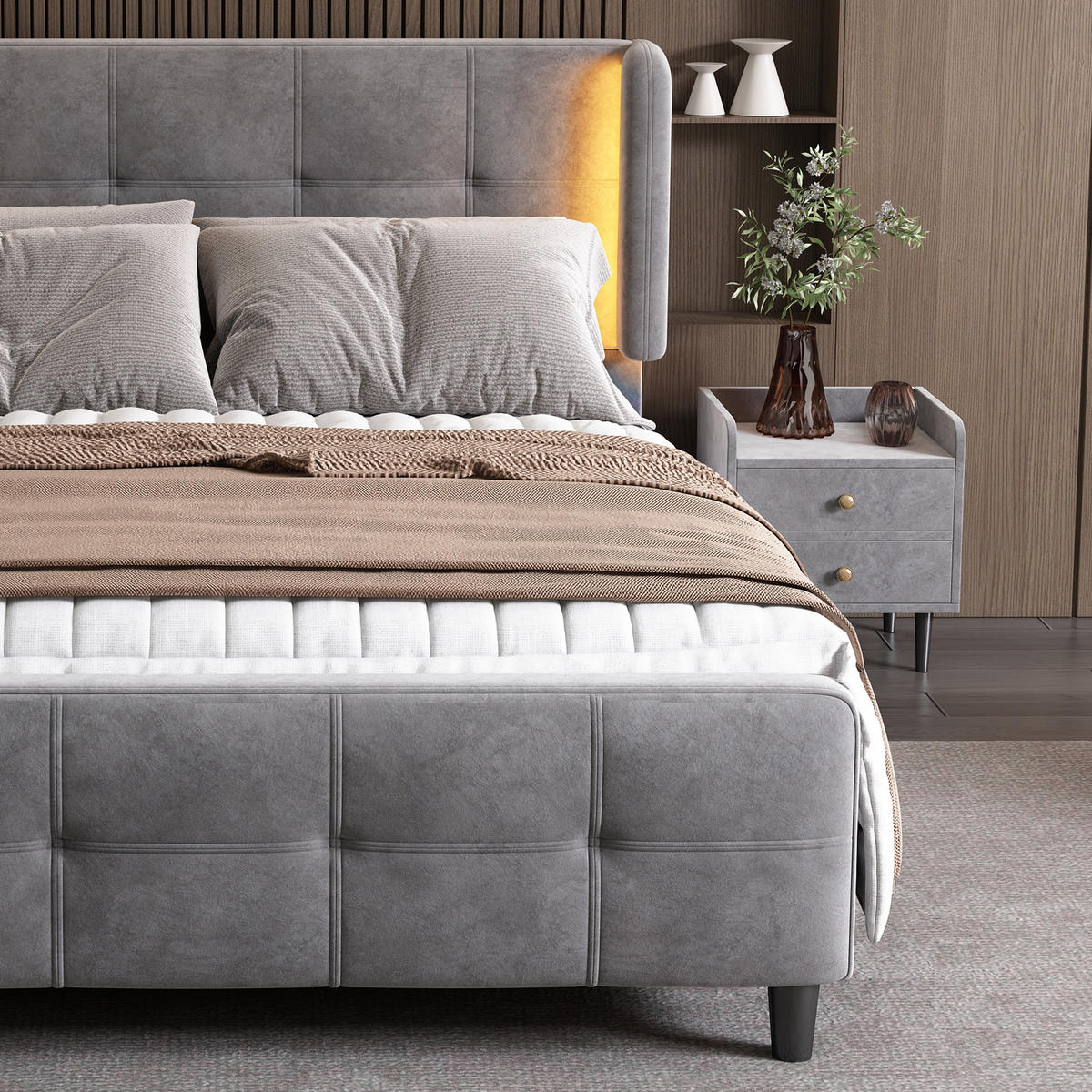 POLSTERBETT 140/200 cm in Grau mit LED, gestepptem Kopf- und Fußteil, 3-fach verstellbarem Kopfteil und Samt - Schwarz/Grau, Holzwerkstoff/Textil (140/200cm) - STILVORA