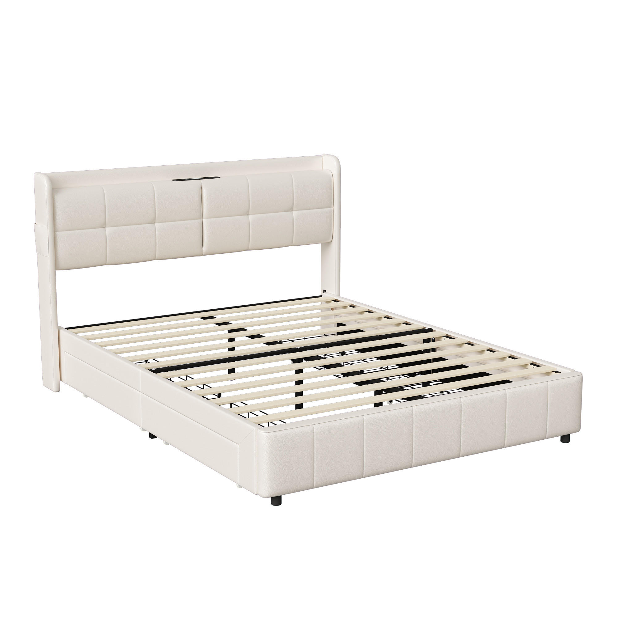 POLSTERBETT 160x200 cm Lattenrost USB Schublade PU Leder weiß - Weiß, Holz (160/200cm) - LEBENLANG