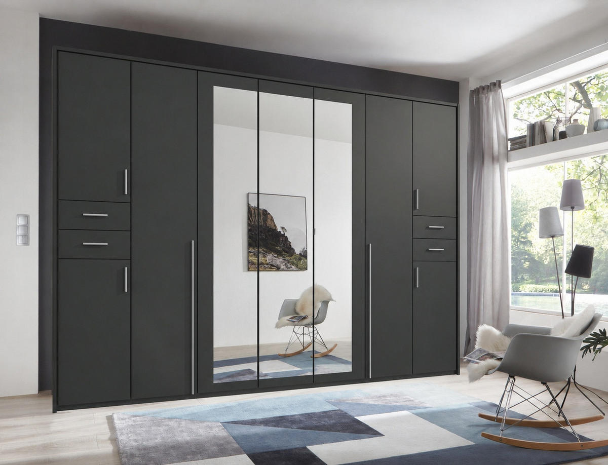 DREHTÜRENSCHRANK Kleiderschrank B313/H210/T58 cm mit Schubkästen & Passepartout & 3 Spiegeltüren, Grafit / 22583 - Silberfarben/Graphitfarben, Holzwerkstoff/Kunststoff (313/210/58cm) - luma-home