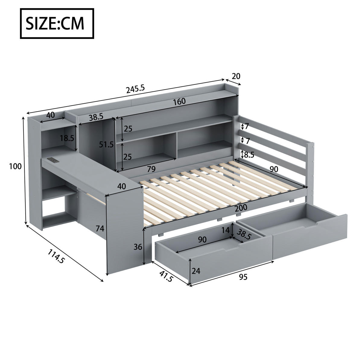BETT 90/200 cm Grau aus Holz mit Schreibtisch und Stauraum - Grau, Holz (90/200cm) - OKMYHOME