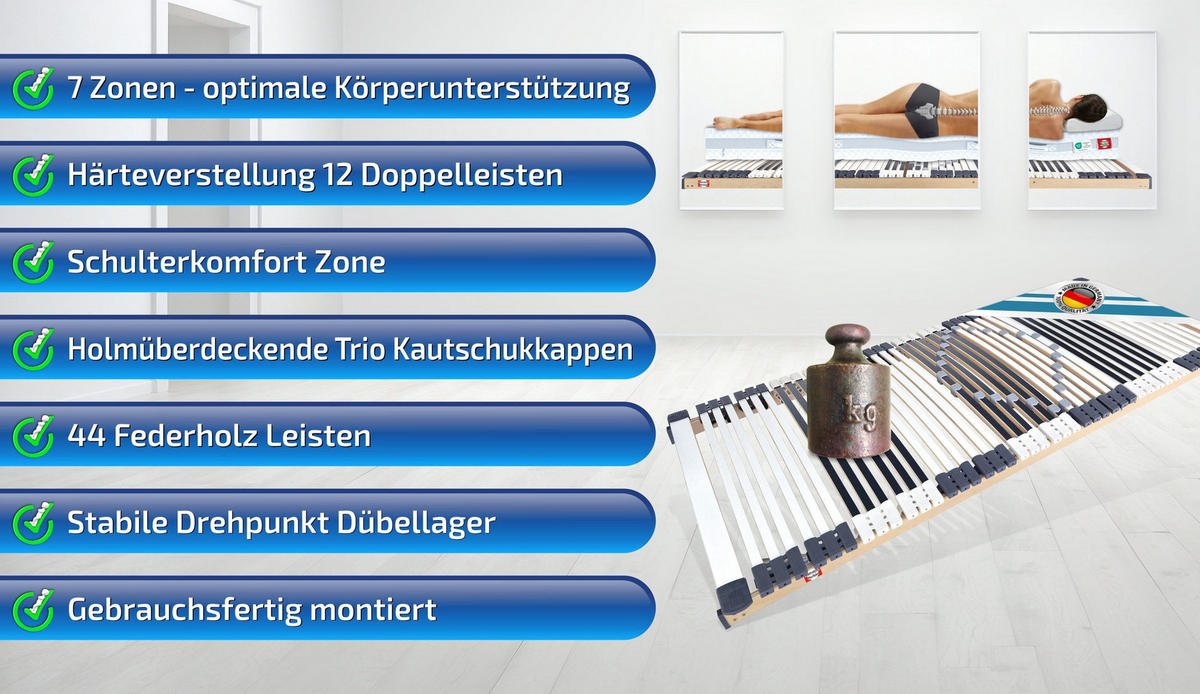 LATTENROST Starr 44 Leisten 140x200cm 8,5 cm Hoch 7-Zonen bis 200 kg - Weiß/Naturfarben, Holz (140/200cm) - Matratzen Perfekt