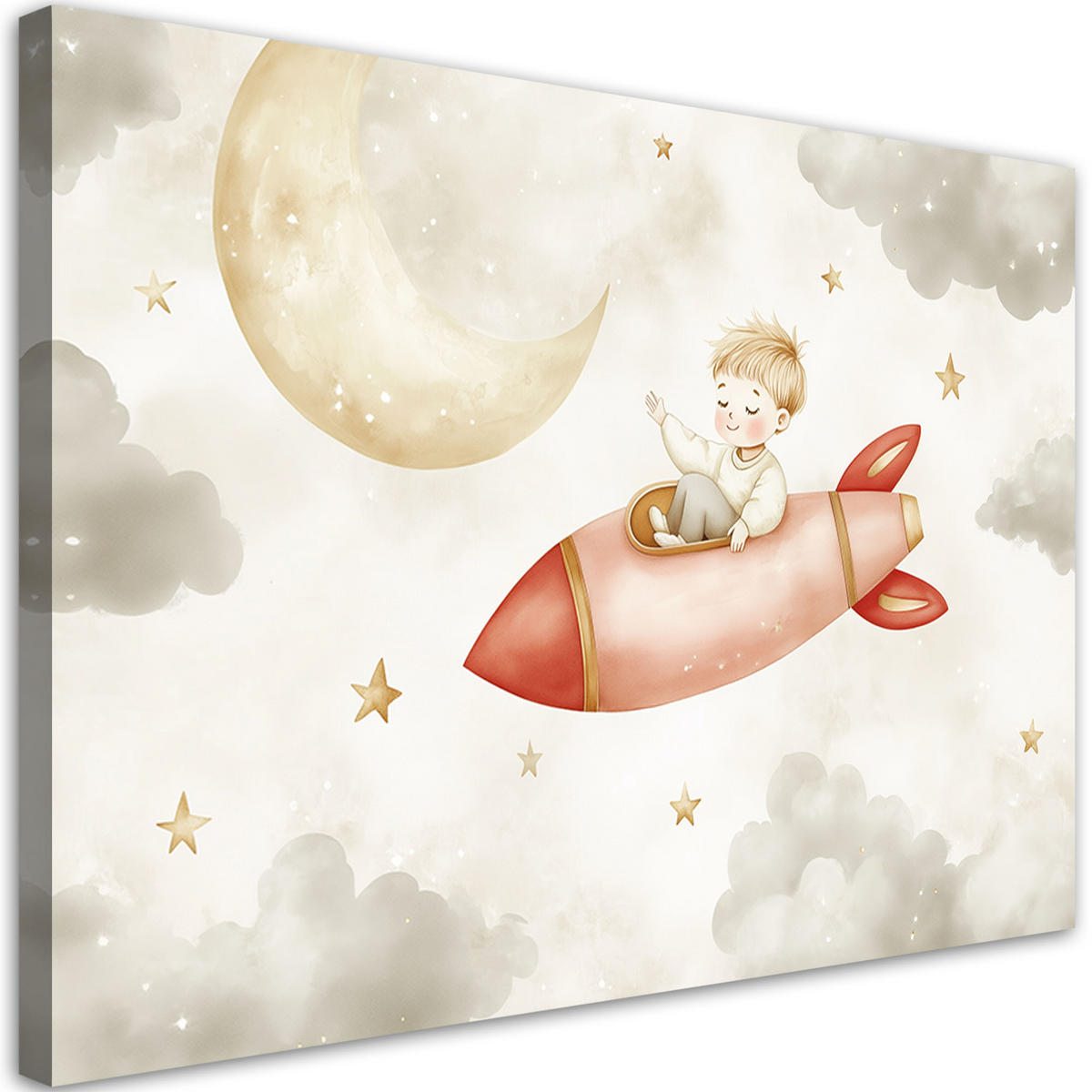 WANDBILD für kinderzimmer rakete in den wolken des weltraums - Grau, Textil (60/40cm) - Feeby