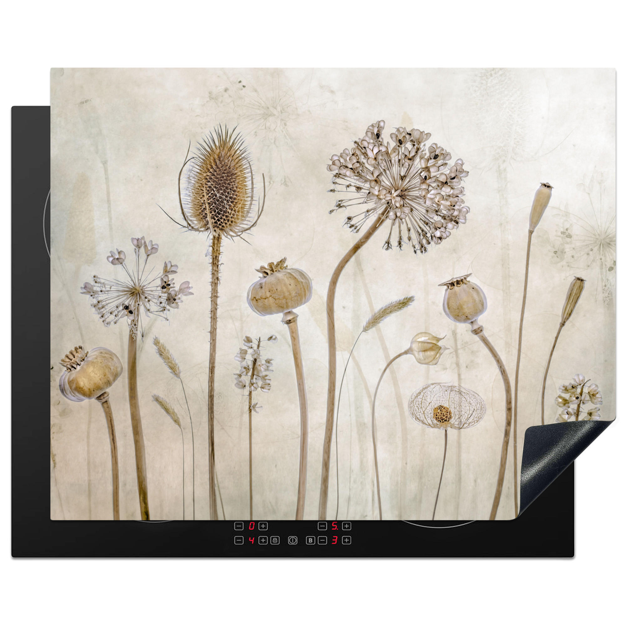 HERDABDECKPLATTE Blumen - Aquarell - Stilleben - Braun - Vintage 65x52 cm - Sandfarben, Kunststoff (65/0.2/52cm) - MuchoWow