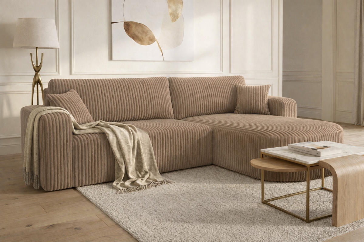 ECKSOFA Mit Schlaffunktion, Cordstoff Tilia, Braun, Rechts, ROUND ONE XL - Braun, Holz (271/175cm) - Kaiser Möbel