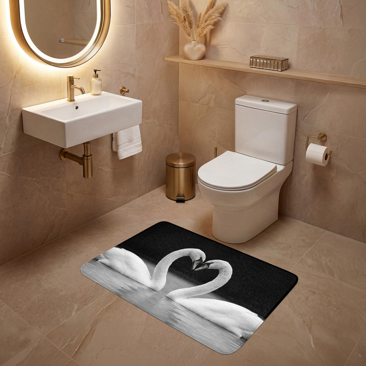 WC PŘEDLOŽKA Labutě - srdce - černá - bílá 90x60 cm - černá, textil/plast (90/1cm) - OnlyWow