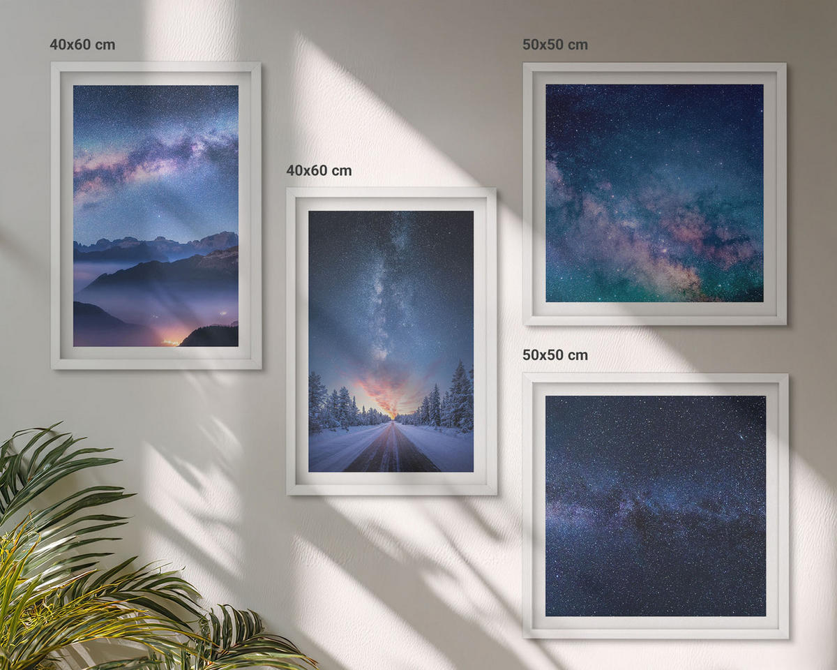 BILDER SET 4er Set - 50x50 cm & 40x60 cm Weißer Rahmen - Nachthimmel, Berge, Winter, Weltraum - Weiß, Kunststoff (50/50cm) - TULUP