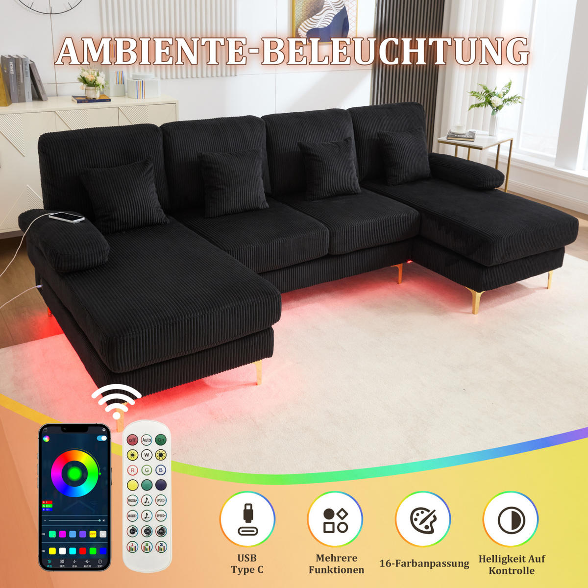 U-SOFA Wohnlandschaft Samt mit LED-Beleuchtung und USB-Anschluss 265/135/88 cm Schwarz - Schwarz, Textil (135/88/265cm) - Redom