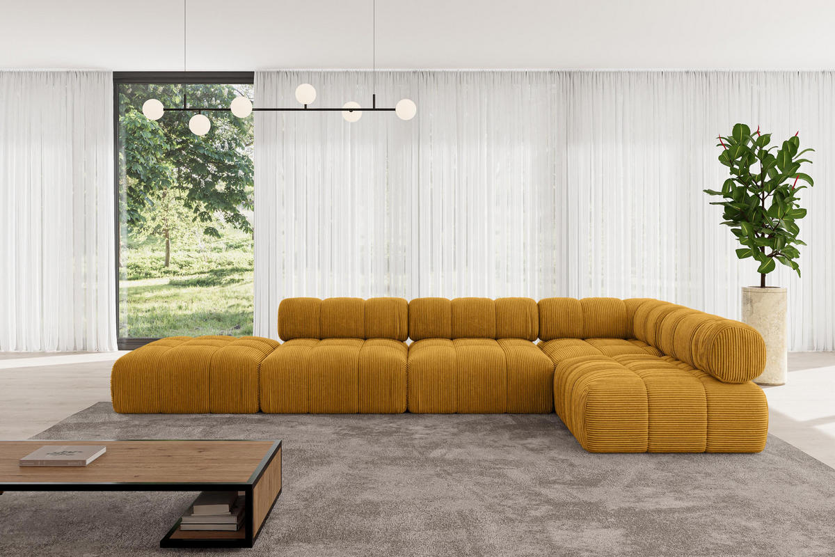 ECKSOFA modulares Sofa Favio-L2 - 380x190x70 cm Senfgelb Cord - Currygelb, Holzwerkstoff/Textil (380/190cm) - ALTDECOR