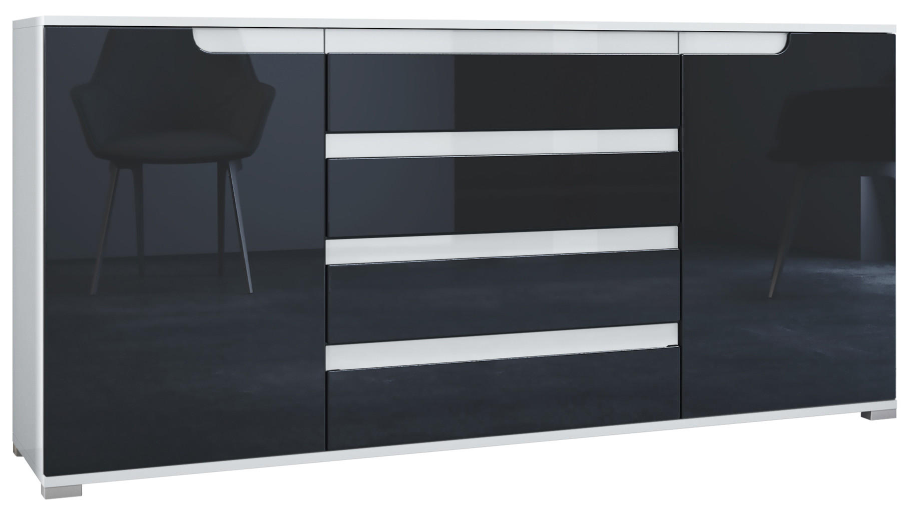 Vladon SIDEBOARD Schwarz Hochglanz 167cm × 35cm × 76cm