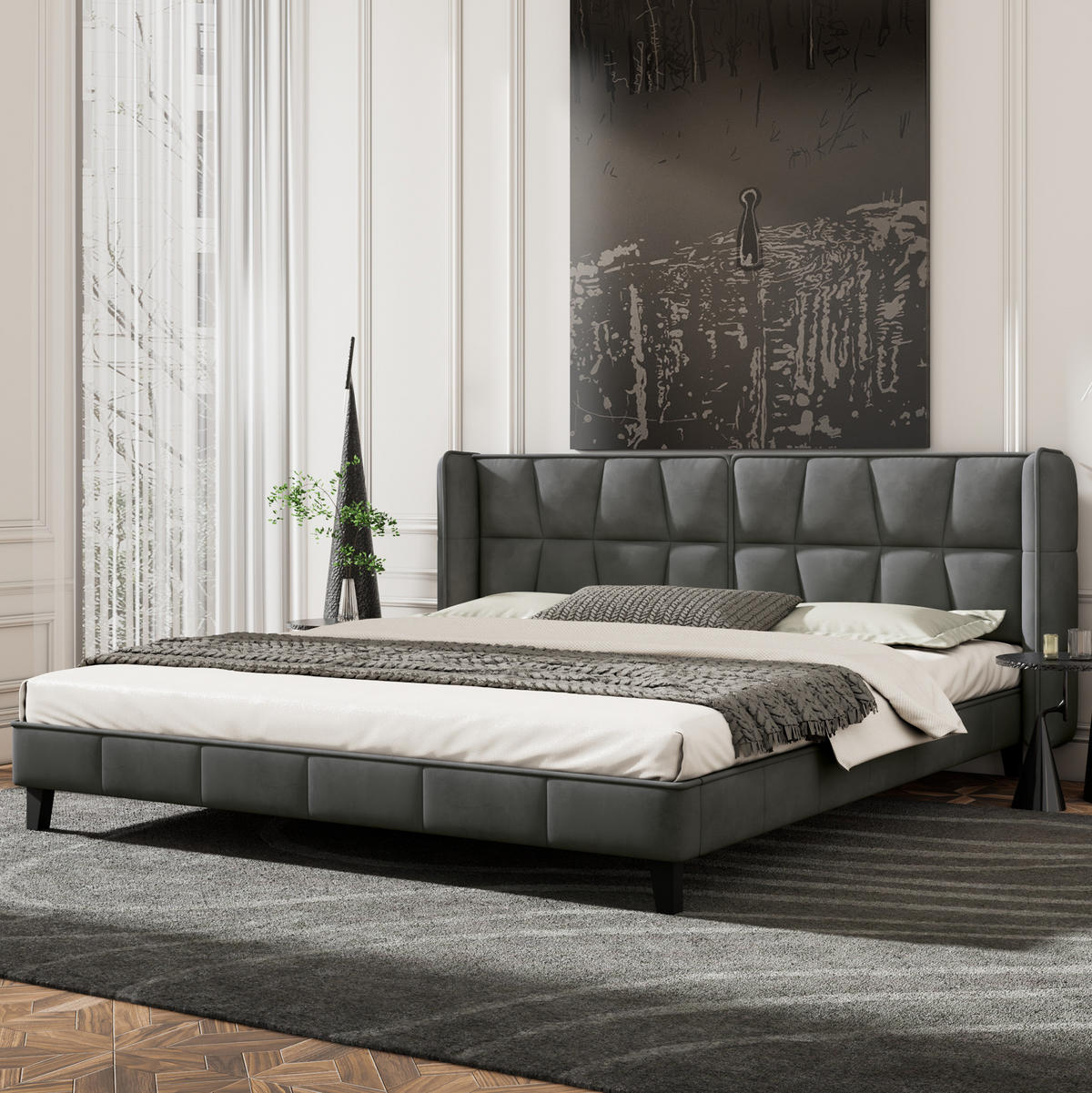 SAMT-POLSTERBETT 180/200 cm in Grau mit Lattenrost und gepolstertem Kopfteil - Grau, Textil (180/200cm) - BEAOK