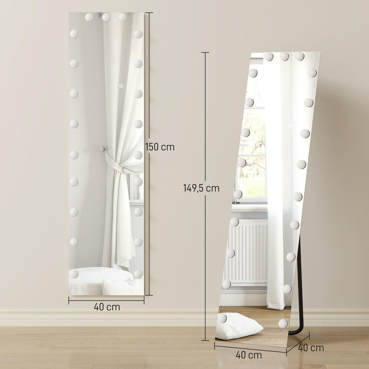 GANZKÖRPERSPIEGEL 150x40 cm RGB-LED Standspiegel mit 21 Glühbirnen 7 Lichtfarbe - Transparent, Glas (5.7/150/40cm) - HOMCOM