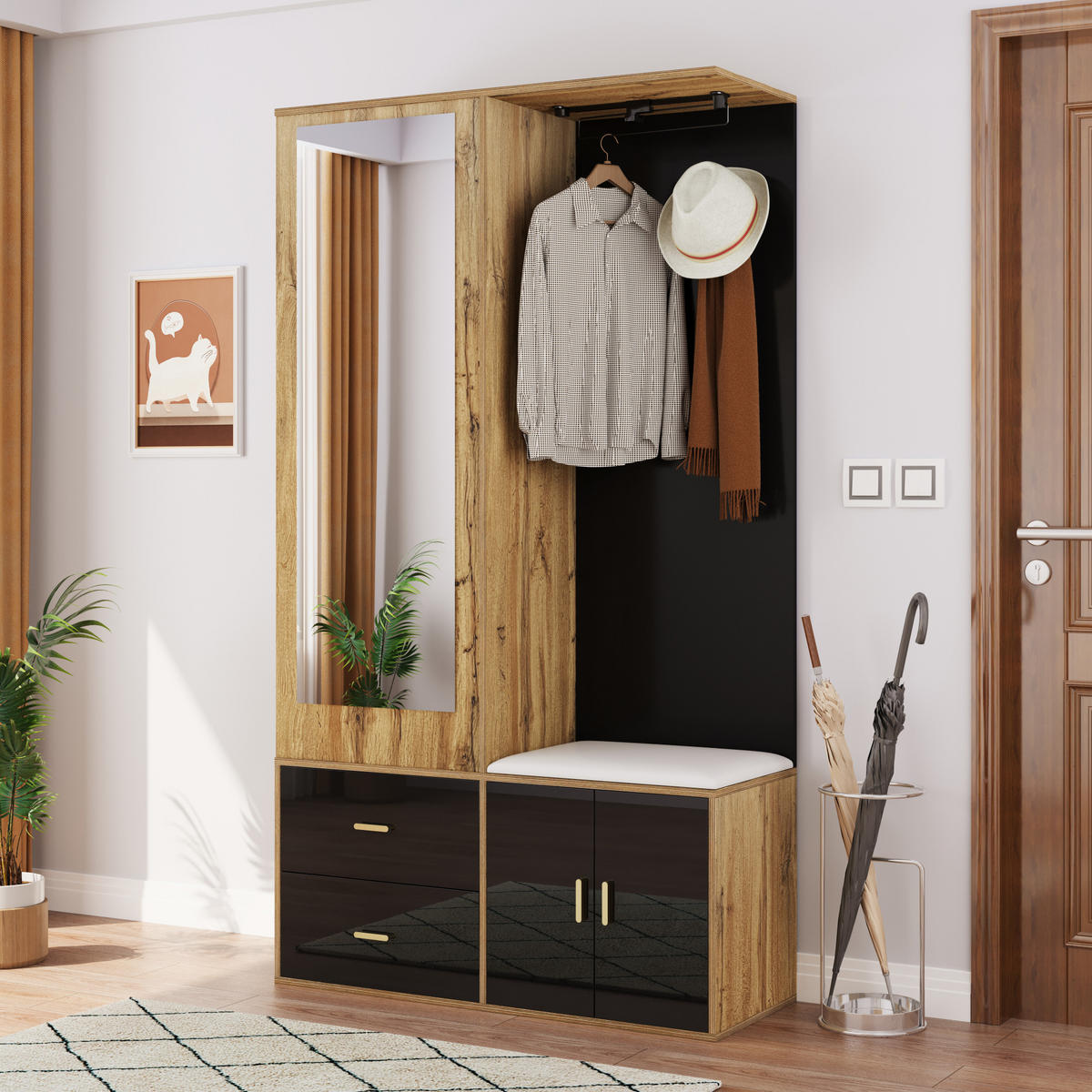 GARDEROBE-SET in Schwarz und Naturfarben Garderobenschrank mit Spiegel und Schuhbank für Flur, B100/T38/H180 cm - Schwarz/Naturfarben, Glas/Holzwerkstoff (100/180/38cm) - STILVORA