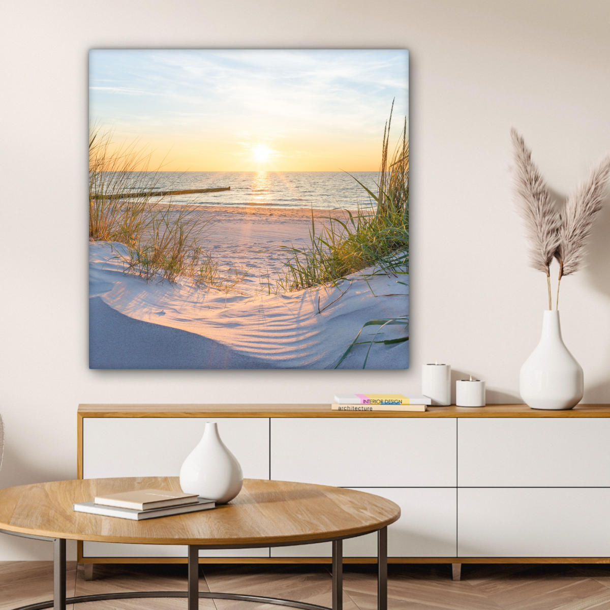 LEINWANDBILD Strand - Sonne - Düne - Gras - Sand - Horizont 90x90 cm - Hellblau, Textil (90/90cm) - MuchoWow
