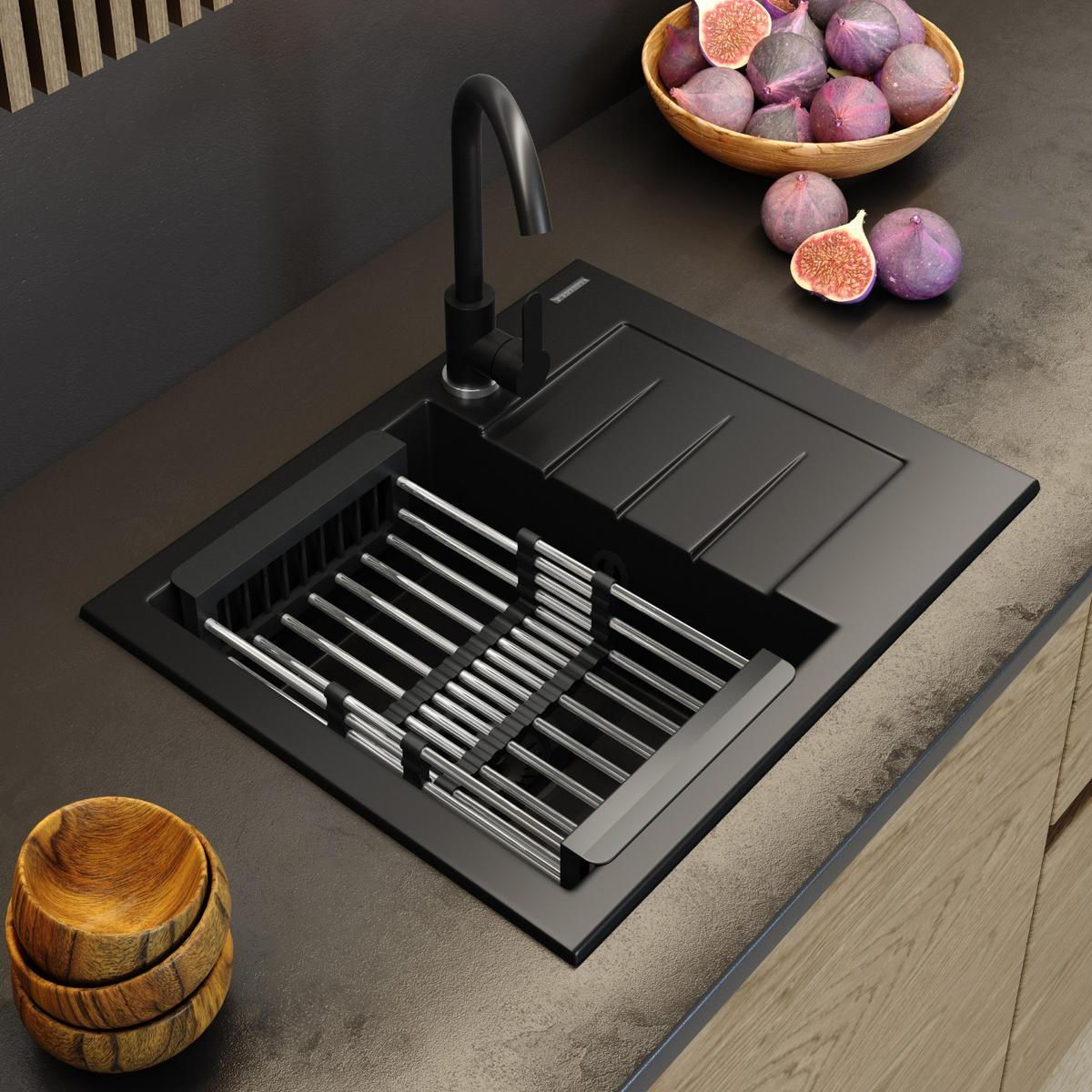 SPÜLBECKEN Milano mit Batterie Siphon - Schwarz, Kunststoff/Stein (46/16/57cm) - Granitan