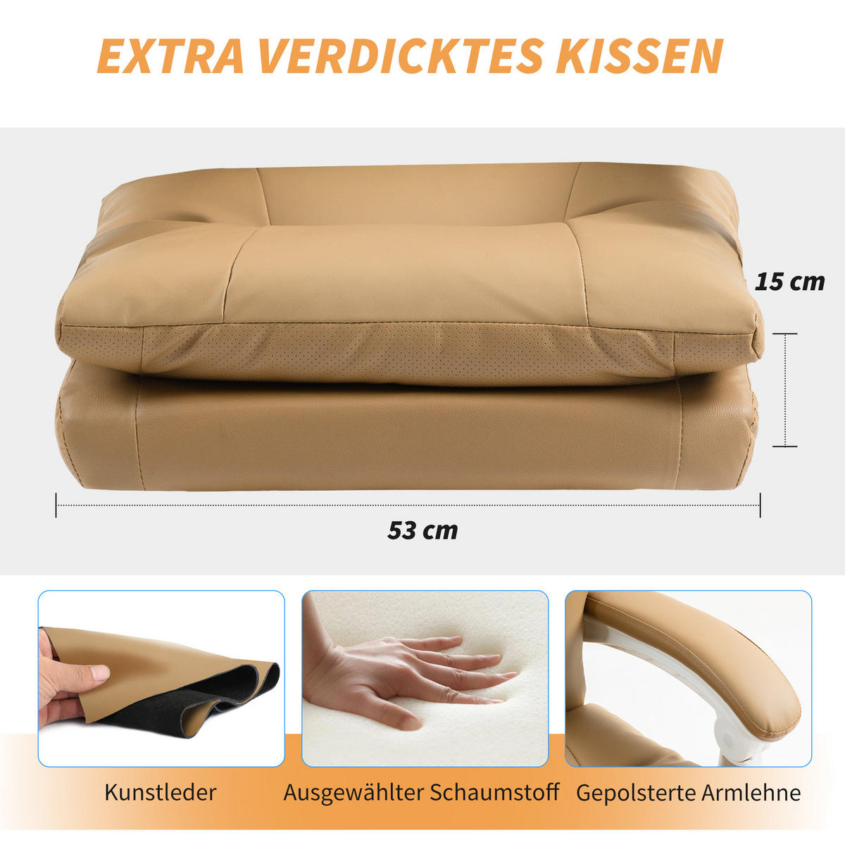 BÜROSTUHL Ergonomischer Schreibtischstuhl mit Lendenwirbelstütze, Fußstütze - Hellbraun/Silberfarben, Kunststoff/Metall (65/121/76cm) - HOMCOM