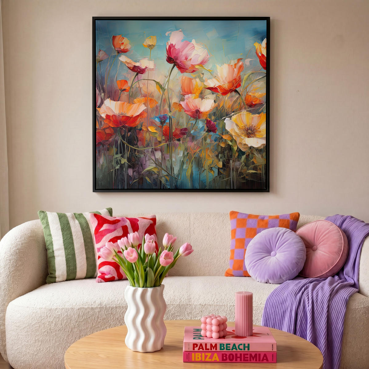 LEINWAND Bilder mit Rahmen - Blumen - Aquarell - Kunst - Botanisch - Natur - 90x90 - Orange, Textil (90/90cm) - MuchoWow