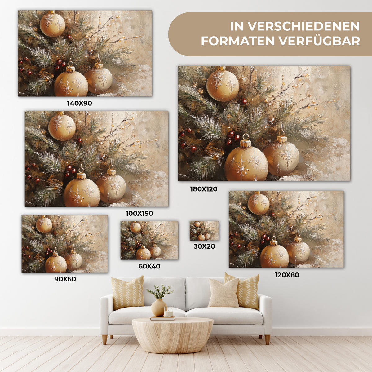 LEINWANDBILD Weihnachten - Kugeln - Beige - Gold 30x20 cm - Goldfarben, Textil (30/20cm) - MuchoWow