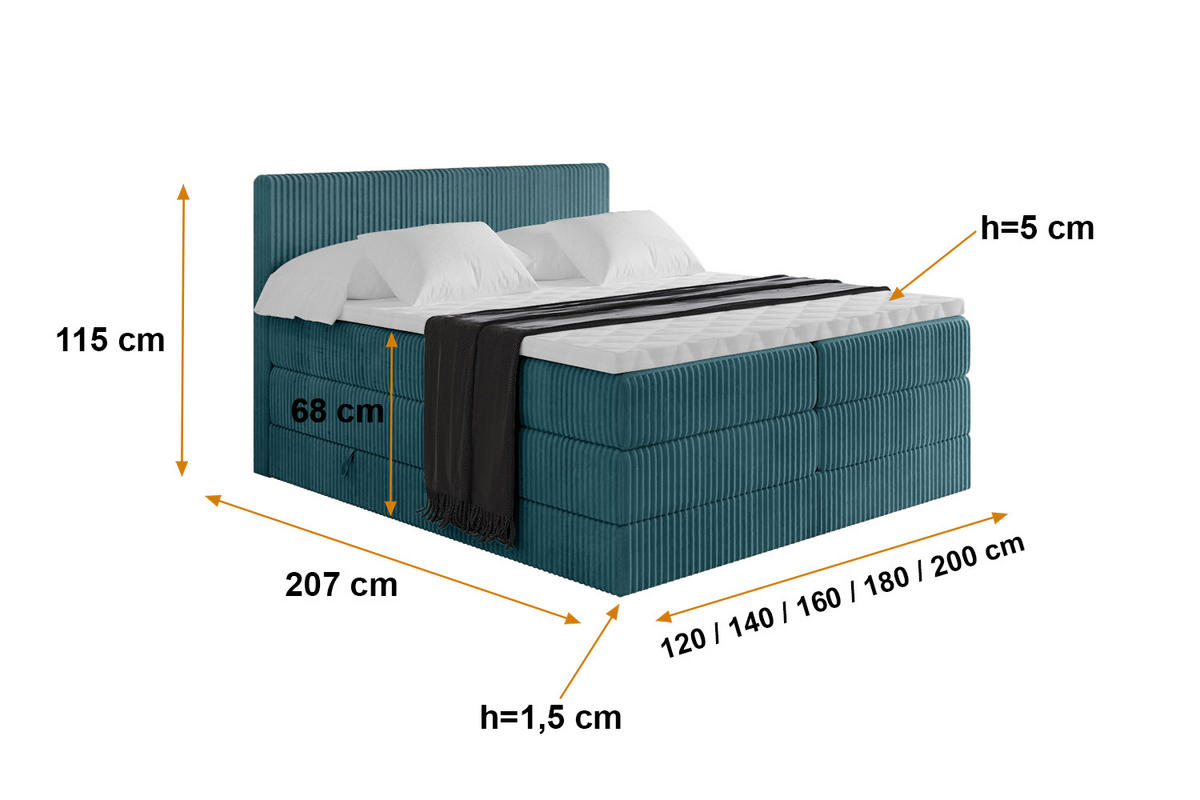 BOXSPRINGBETT mit Matratze H3|H4 und Lattenrost - TOLO KING 180x200 Cord - Blau - Blau, Holzwerkstoff (180/200cm) - ALTDECOR