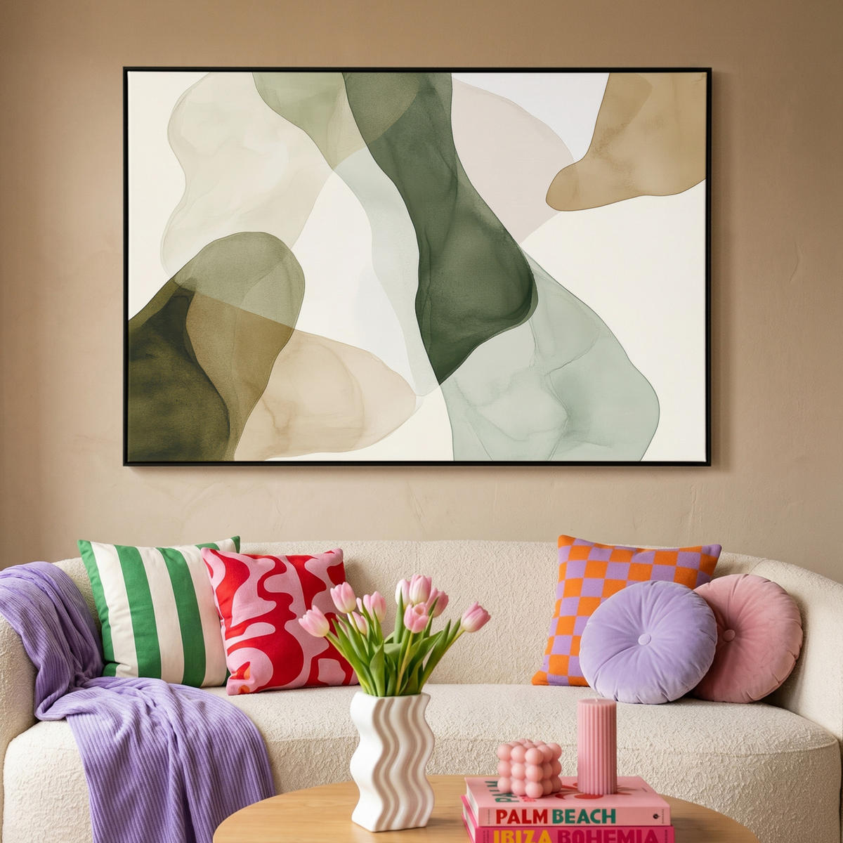 LEINWAND Bilder mit Rahmen - Japandi - Abstrakt - Grün - 140x90 - Salbeigrün, Textil (140/90cm) - MuchoWow