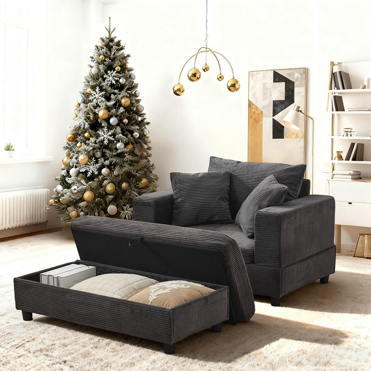 SOFA Cord Grau mit Stauraum und mit Kissen - Grau, Holzwerkstoff/Kunststoff (137.5/89/81cm) - WISHDOR