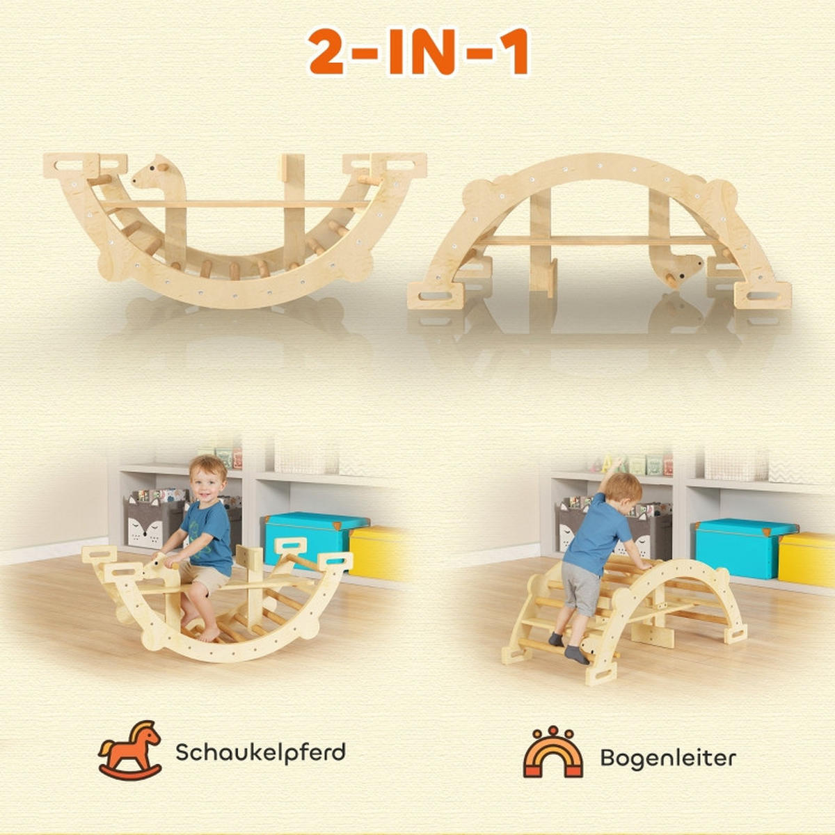 MONTESSORI Klettergerüst Indoor, mit 2 in 1 Kletterbogen aus Holz, 110x52x45 cm, Naturholz - Eschefarben, Holz (52/45/110cm) - Hauptrolle