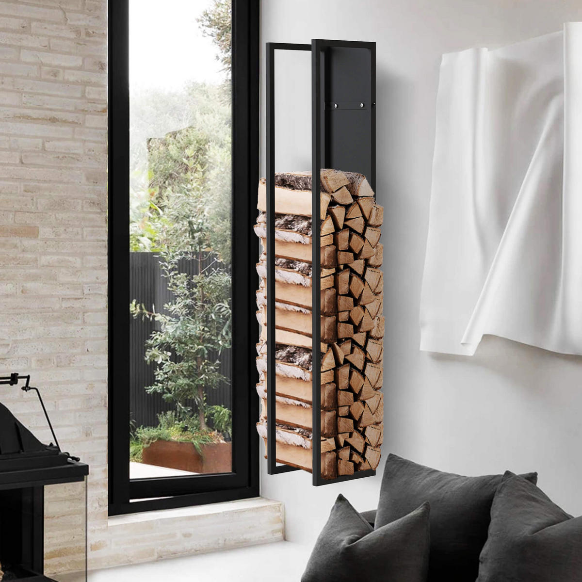 KAMINHOLZREGAL Wand Metall Schwarz 25/25/140 cm - Schwarz, Metall (25/140/25cm) - DanDiBo